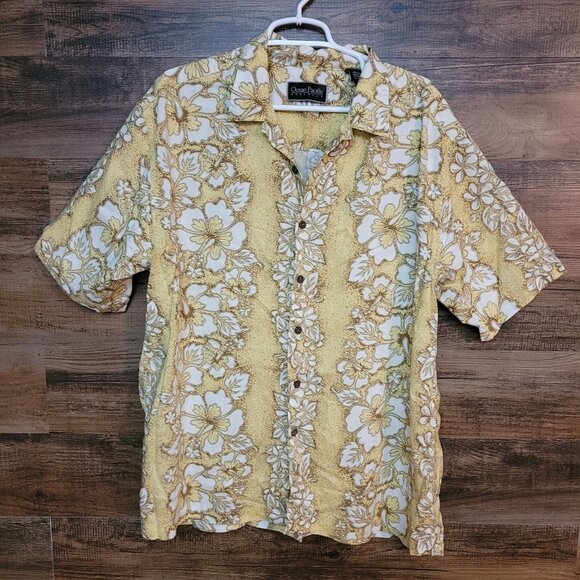 Vintage Ocean Pacific Floral Hawaiian Camp Shirt Mens XL Yellow White - Picture 1 of 7